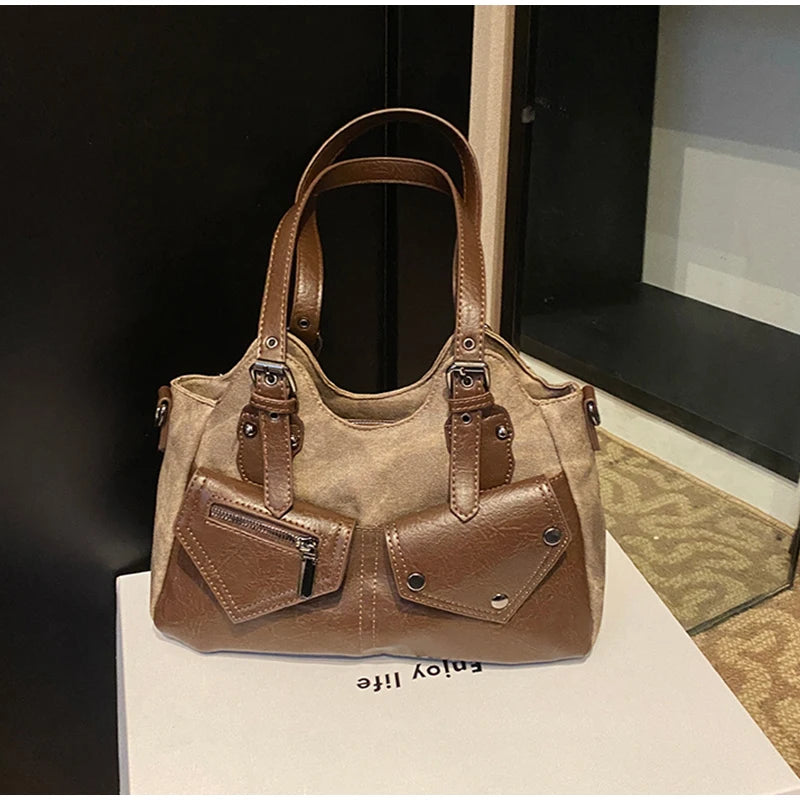 Retro Color-Block Satchel Shoulder Bag – European Style PU Leather Tote Handbag for Women