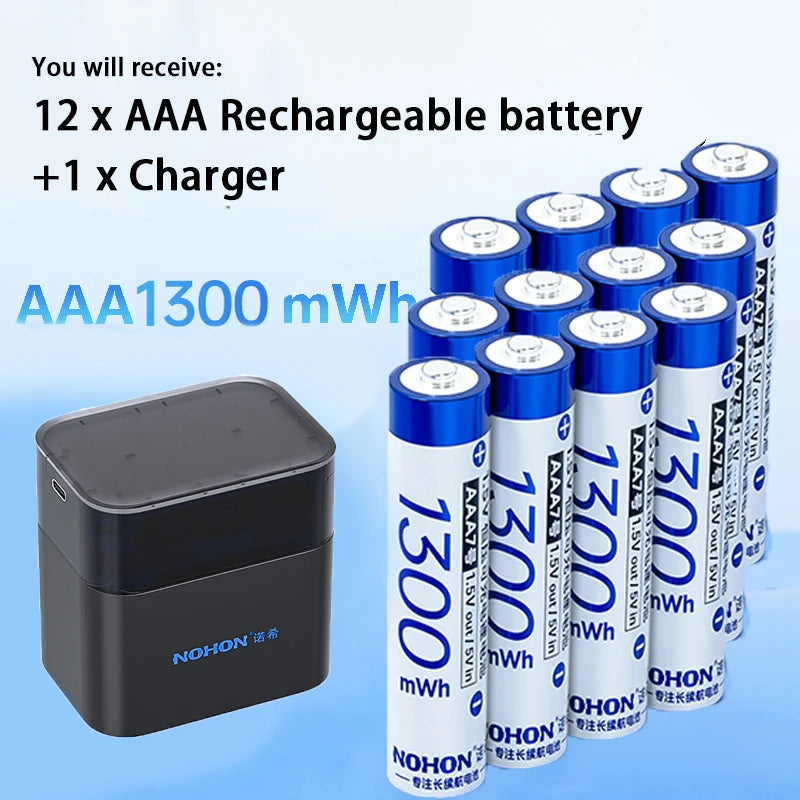 NOHON 1.5V Li-ion Rechargeable AA/AAA Batteries – 3600mWh High Capacity Long Lasting with Battery Charger
