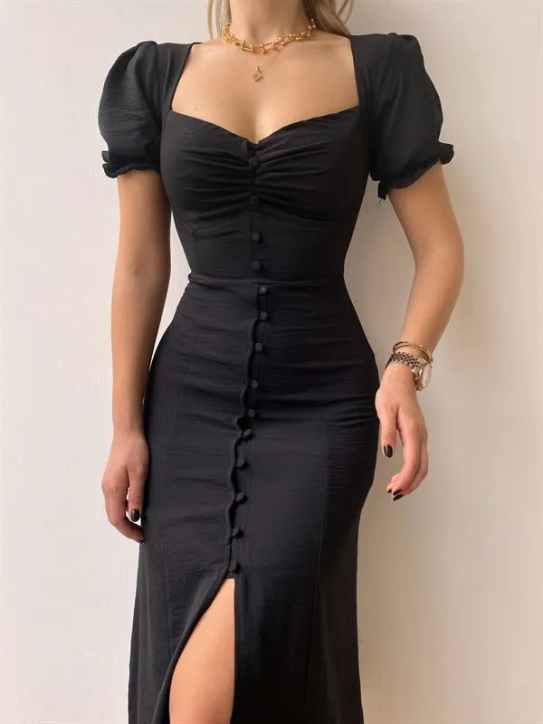 V-Neck Puff Sleeve High Waist Split Midi Dress — Elegant Single-Breasted Solid Dress