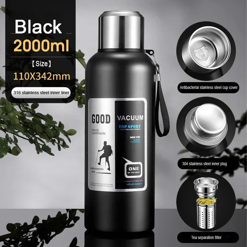 CZSAE 316 SS Vacuum Thermos Tumbler – Bullet Shape, 12–24Hr Insulated, 600ml–2000ml, Silver & Black, CE Certified