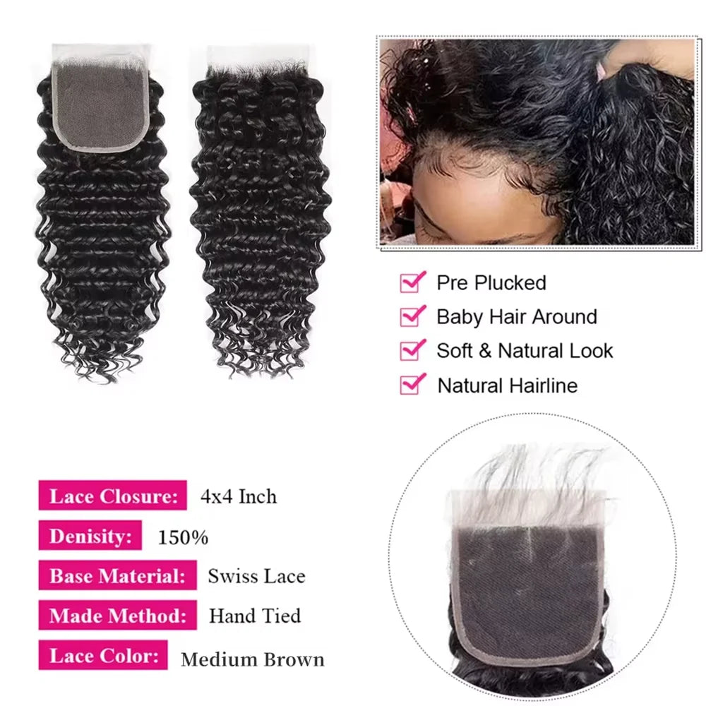 Brazilian Human Hair Bundles With Closure Deep Wave Raw 3 4 Bundles With 4x4 5x5 HD Lace Closure Curly Weave With 13x4 Frontal