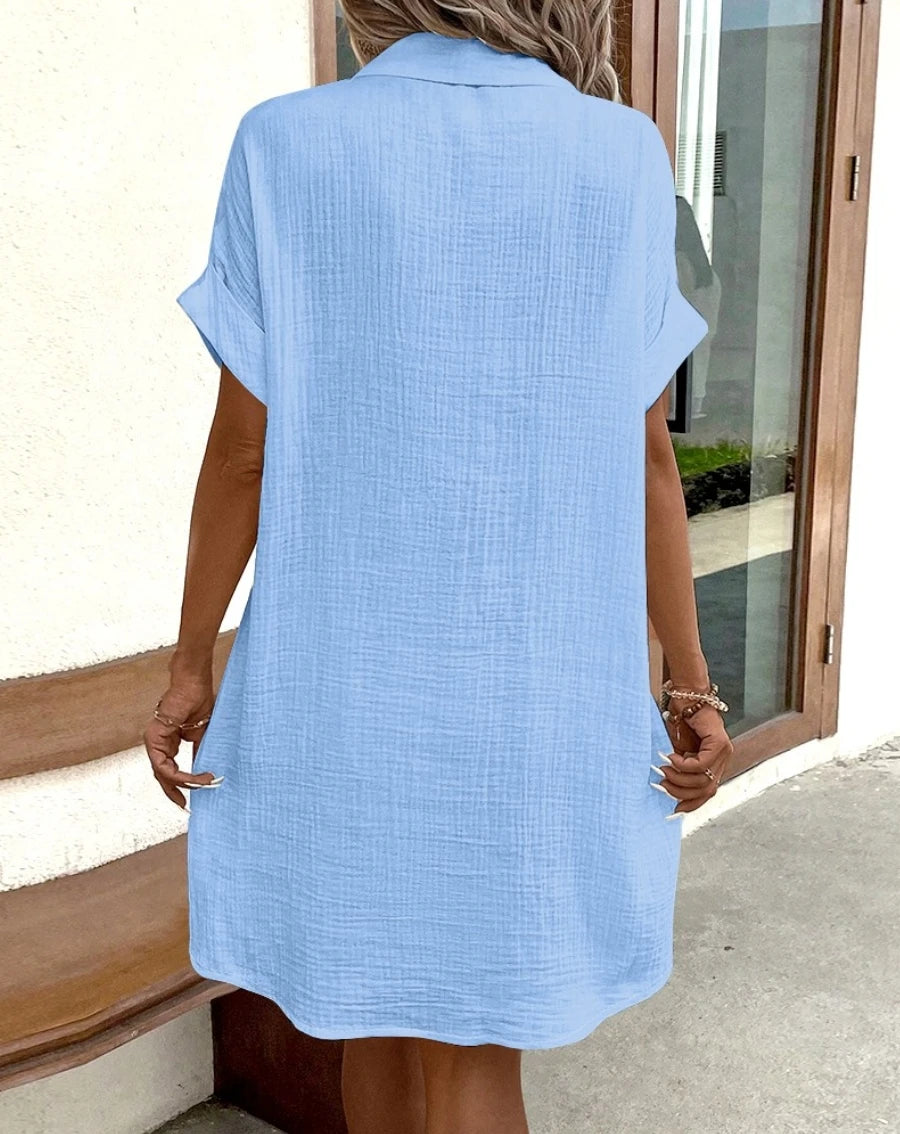 V-Neck Cotton Linen Mini Dress — Three-Quarter Sleeve Casual Holiday Dress