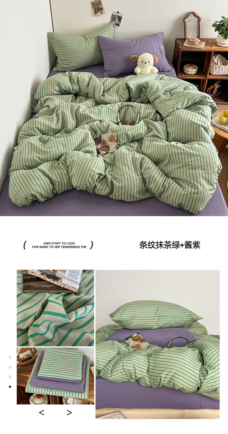 Stripe Print Washed Polyester Bedding Set – 3 or 4-Piece Duvet Cover with Sheet & Pillowcases, 6 Colors