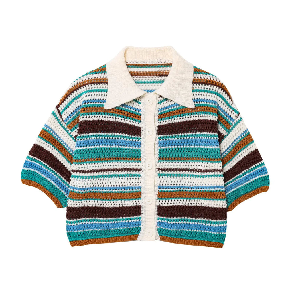 Women's Y2K Crochet Knit Crop Sweater & Shorts Set – Polo Collar Striped Patchwork Hollow Out
