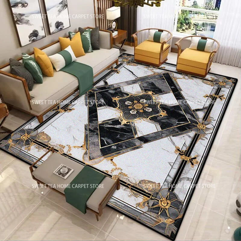 Modern Golden Frame Luxury Carpet – Washable Large Area Rug for Living Room & Bedroom