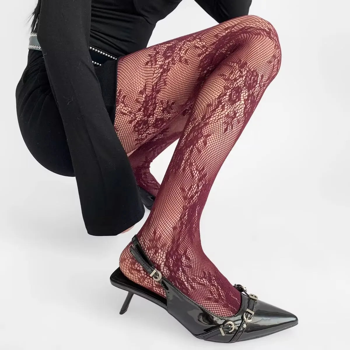 Lolita Floral Thigh-High Fishnet Stockings — Sheer Patterned Hosiery