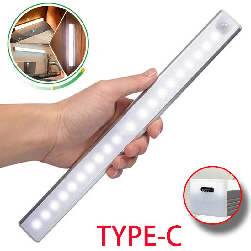 Motion Sensor LED Night Light Strip – USB Rechargeable, 3 Modes, Warm or Cool White for Cabinet, Wardrobe & Staircase