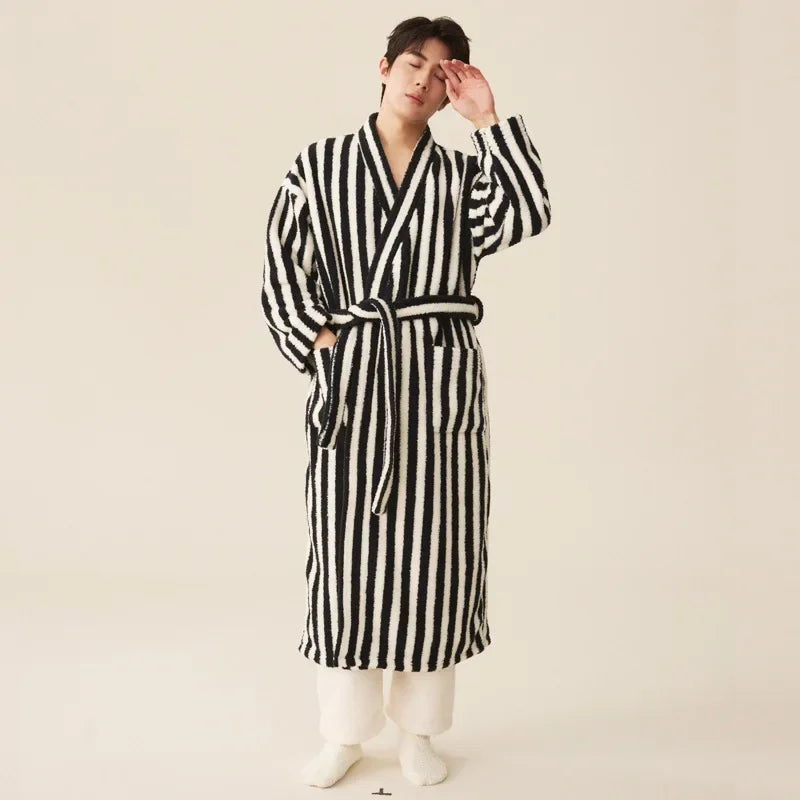 Thickened Flannel Robe & Pants Pajamas Set | Couple Coral Velvet Striped Bathrobe Homewear