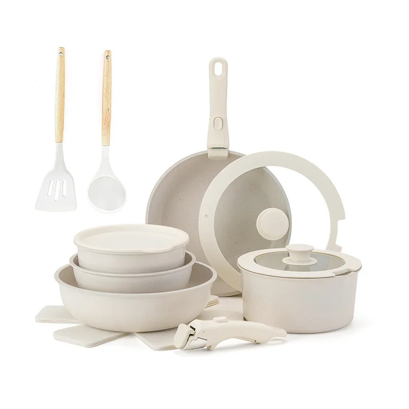 Nonstick Cookware Set – White, Detachable Handle