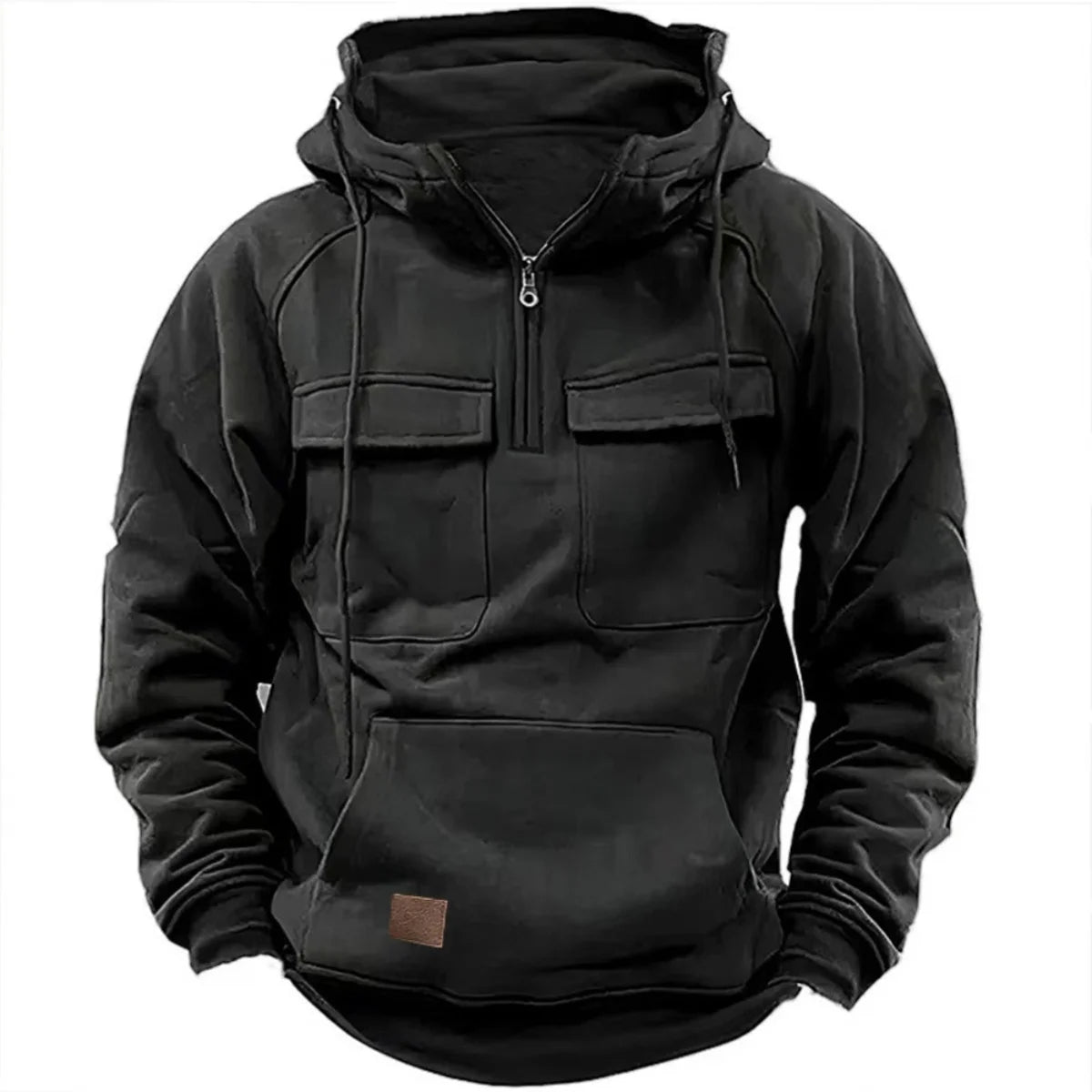 Men's Multi-Pocket Patch Hoodie Pullover — Casual Solid Color Hooded Shirt