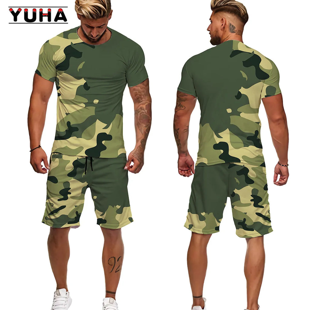 Men's Camouflage T-Shirt & Shorts Tracksuit Set – Outdoor Camping Hunting Sport
