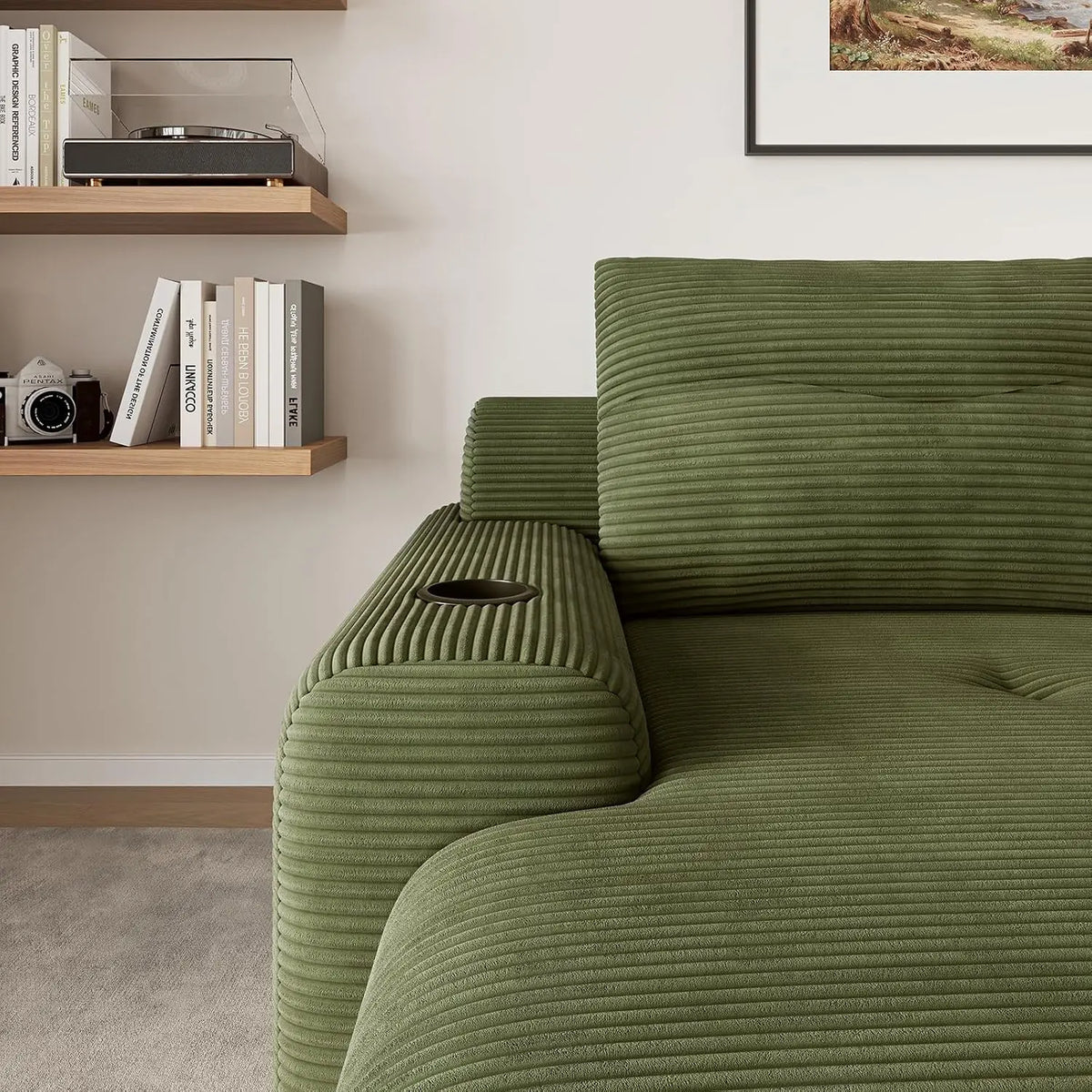 69-Inch Corduroy Boneless Chaise with Cup Holders