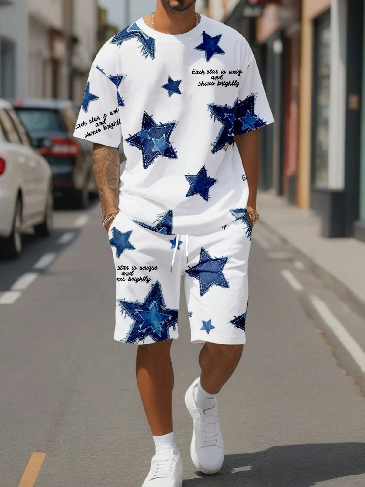 Men's Flower Graphic Print T-Shirt & Elastic Waist Shorts Casual Two-Piece Set