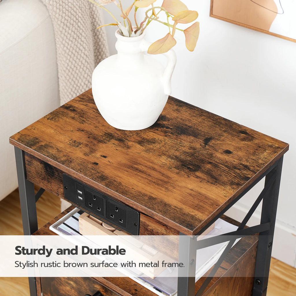 Bedside Nightstand with Built-In Charging Station — 2 AC Outlets & 2 Power Ports