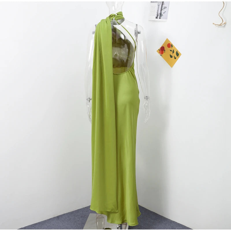 Sexy Satin Halter Backless Party Dress – Off Shoulder Sleeveless Solid Robe Gown 2026