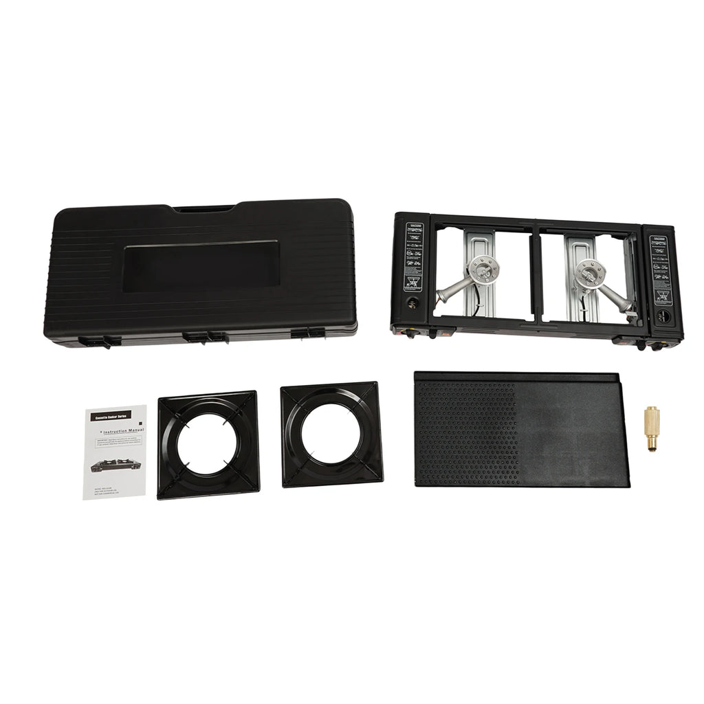 2-Burner Portable Camping Stove — 2500W Each, Butane/LPG, Piezo Ignition, Carry Case Included