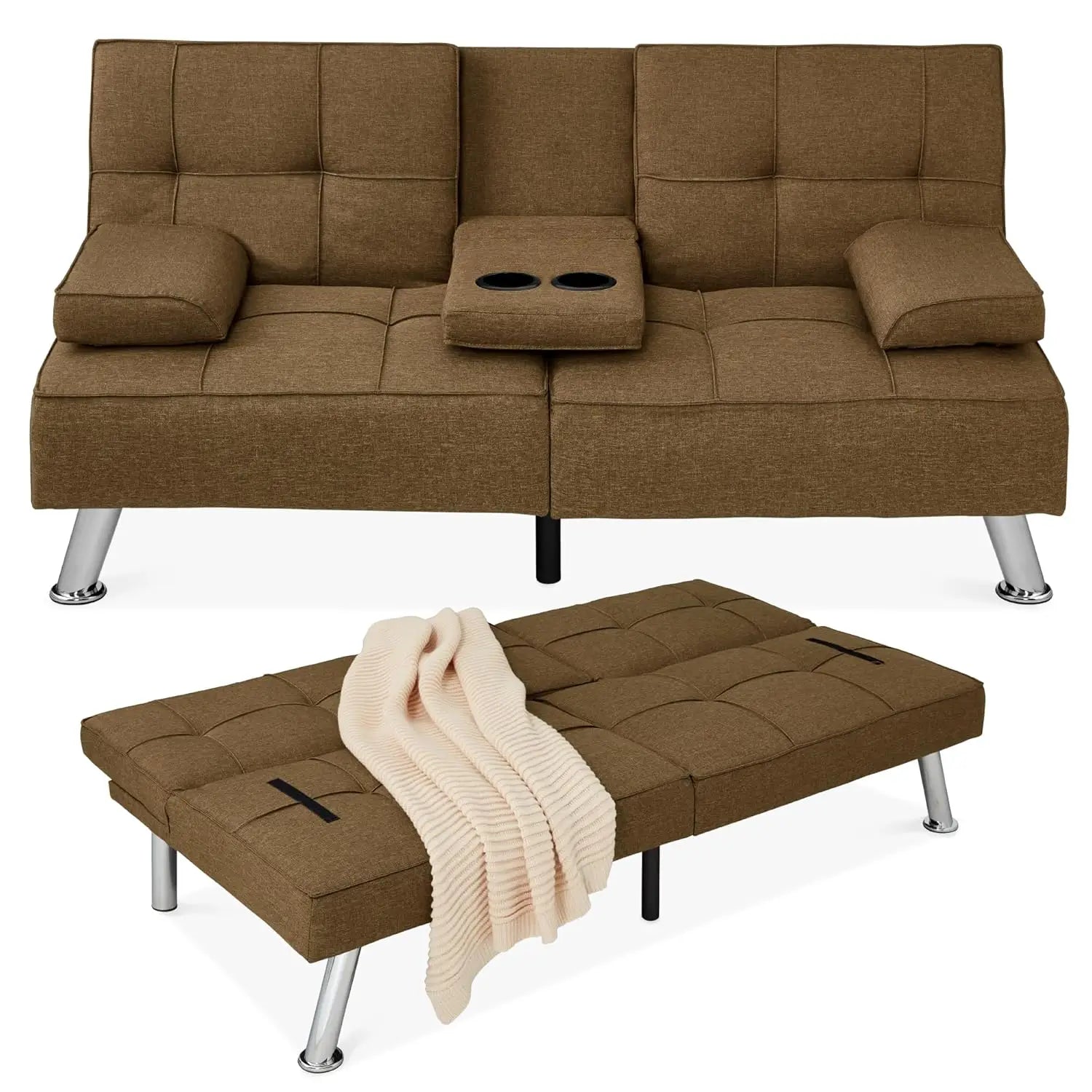 Sit, Recline, Sleep — Modern Linen Folding Futon Sofa Bed | 3 Positions, 2 Cupholders, Removable Armrests, 500 lb Capacity