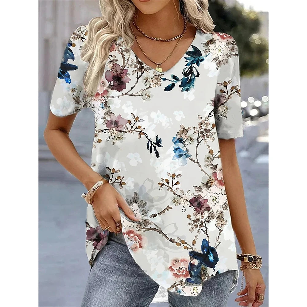 Women's 3D Flower Print V-Neck T-Shirt – Kawaii Oversized Summer Top & Blouse
