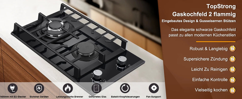 EU Certified 2-Burner Gas Hob – 30cm Tempered Glass, Dual Fuel NG/LPG, 5200W, Flame Failure Safety, Black