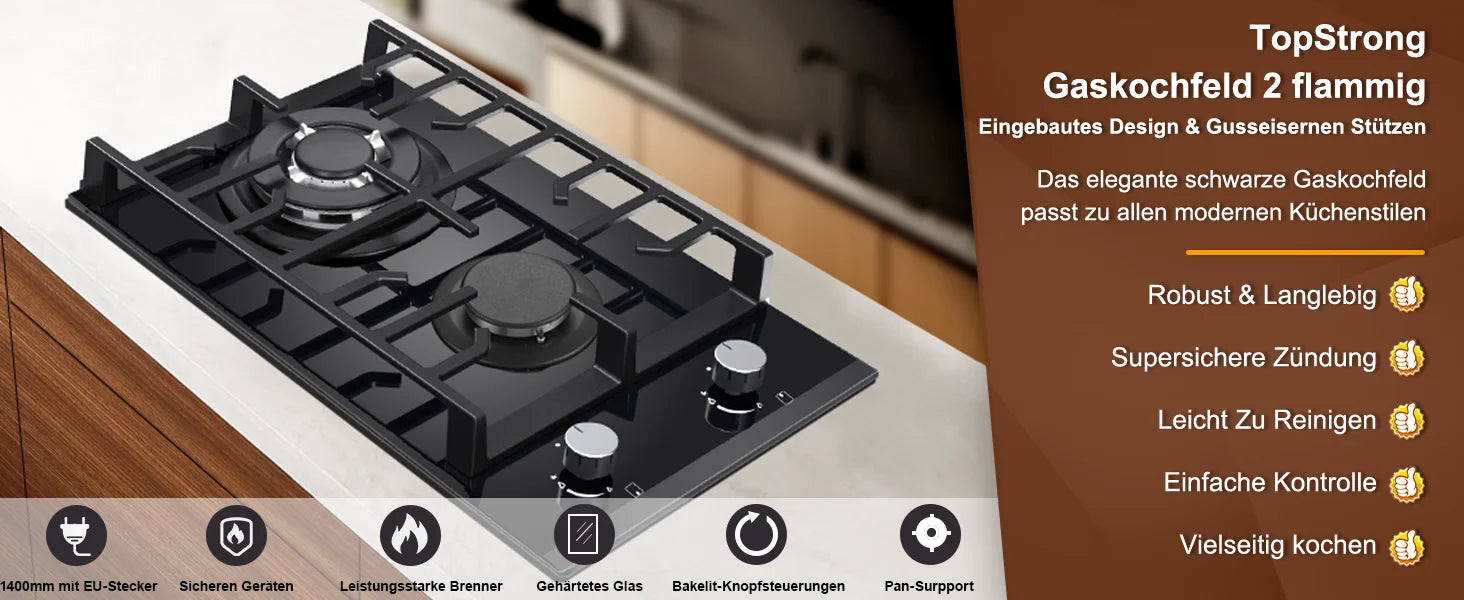EU Certified 2-Burner Gas Hob – 30cm Tempered Glass, Dual Fuel NG/LPG, 5200W, Flame Failure Safety, Black