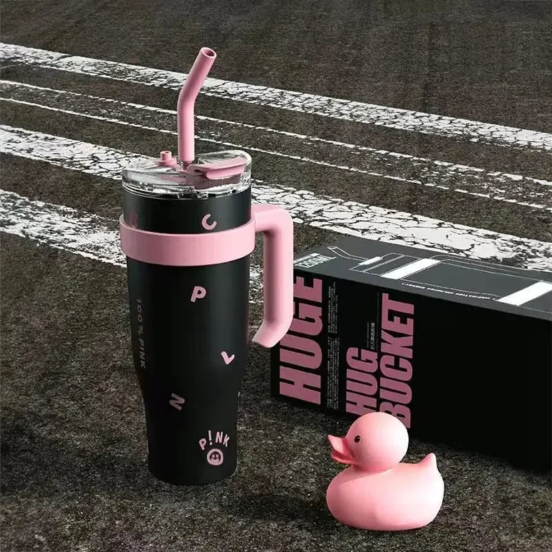 1200ml Stainless Steel Vacuum Insulated Tumbler with Straw – 6–12Hr Thermal, CIQ Certified, Outdoor & Travel, Pink & Black