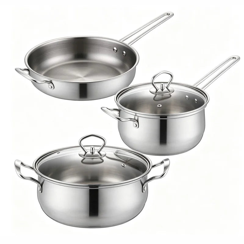 3-Piece Stainless Steel Cookware Set – Stockpot, Saucepan & Frying Pan