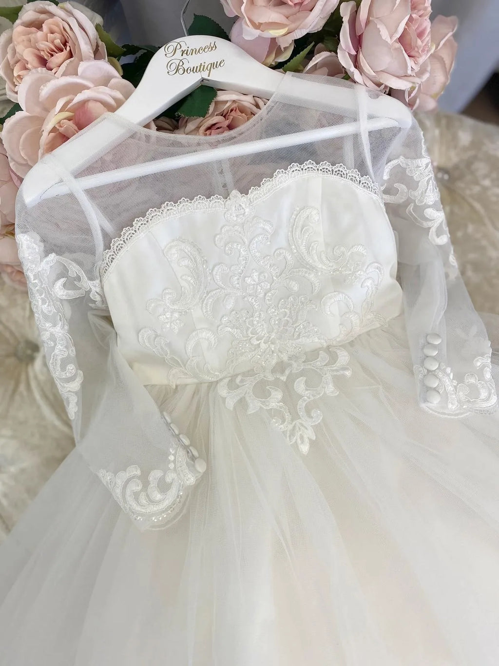 Long Sleeve Flower Girl Dress — White Lace Tulle First Communion & Bridesmaid Dress