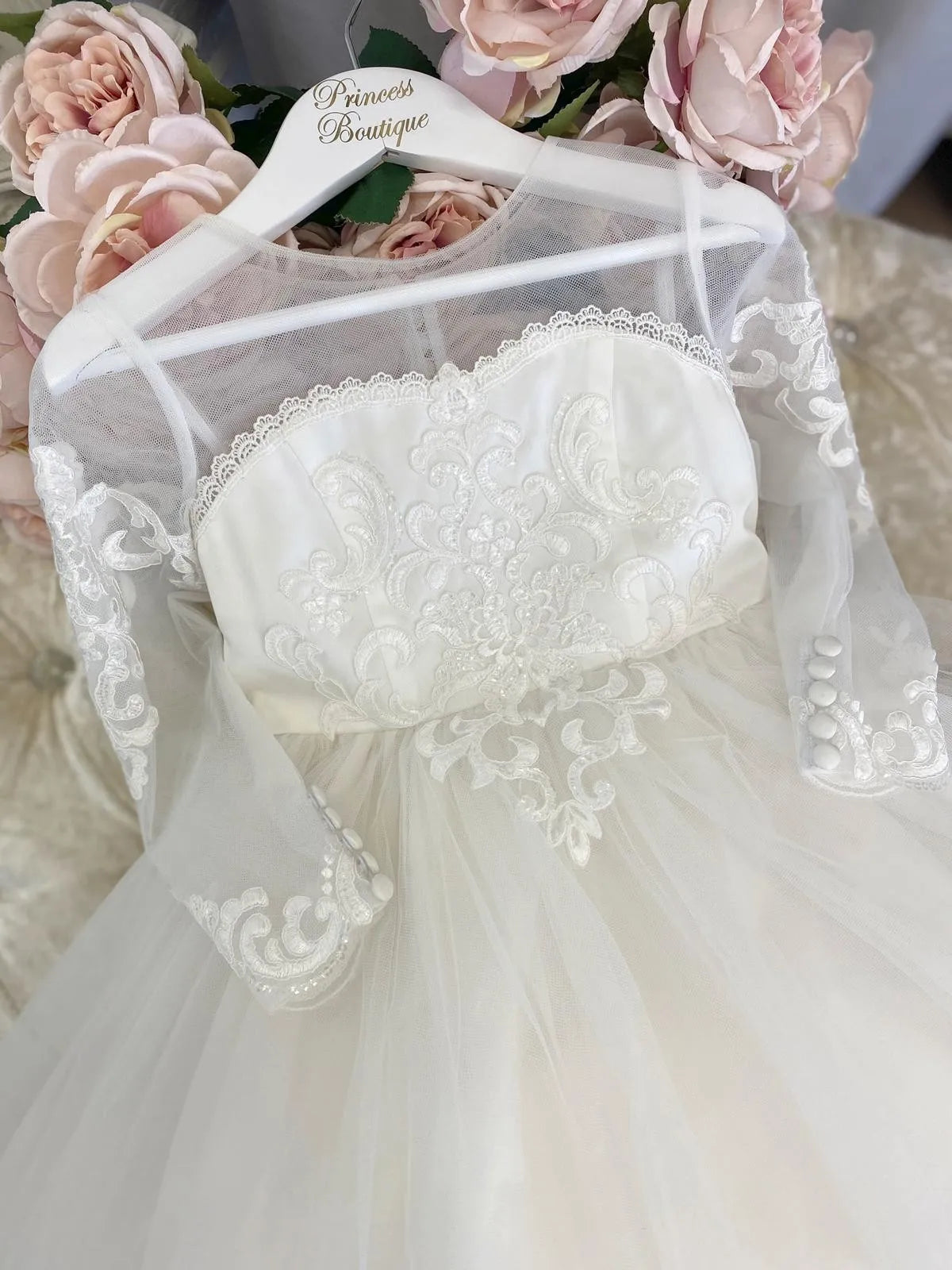 Long Sleeve Flower Girl Dress — White Lace Tulle First Communion & Bridesmaid Dress