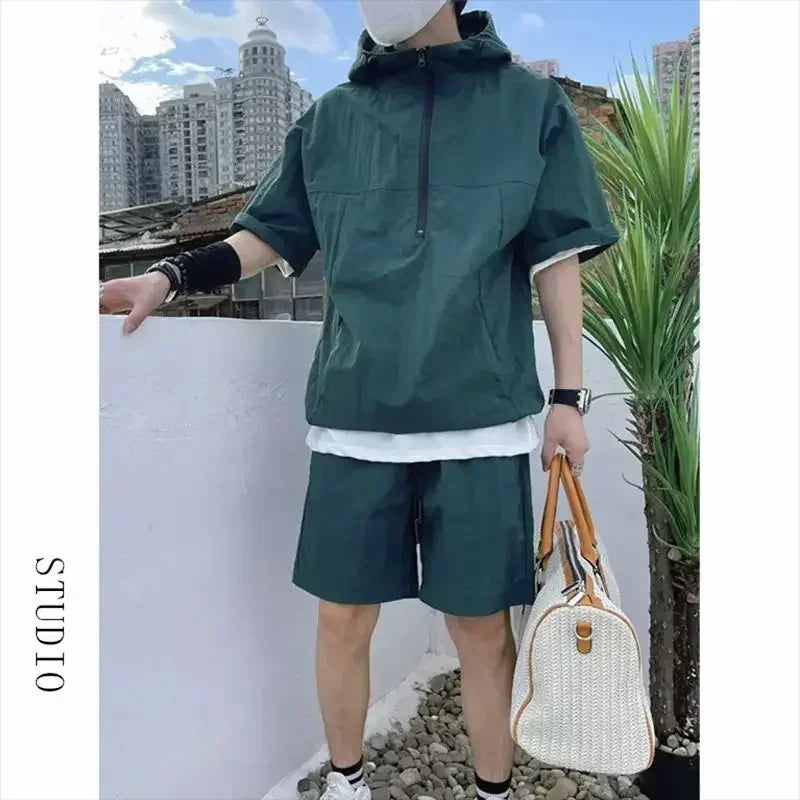 Men's Cargo Style Hooded T-Shirt & Shorts Set – Solid Loose Fashion Casual Sweatshirt Suit