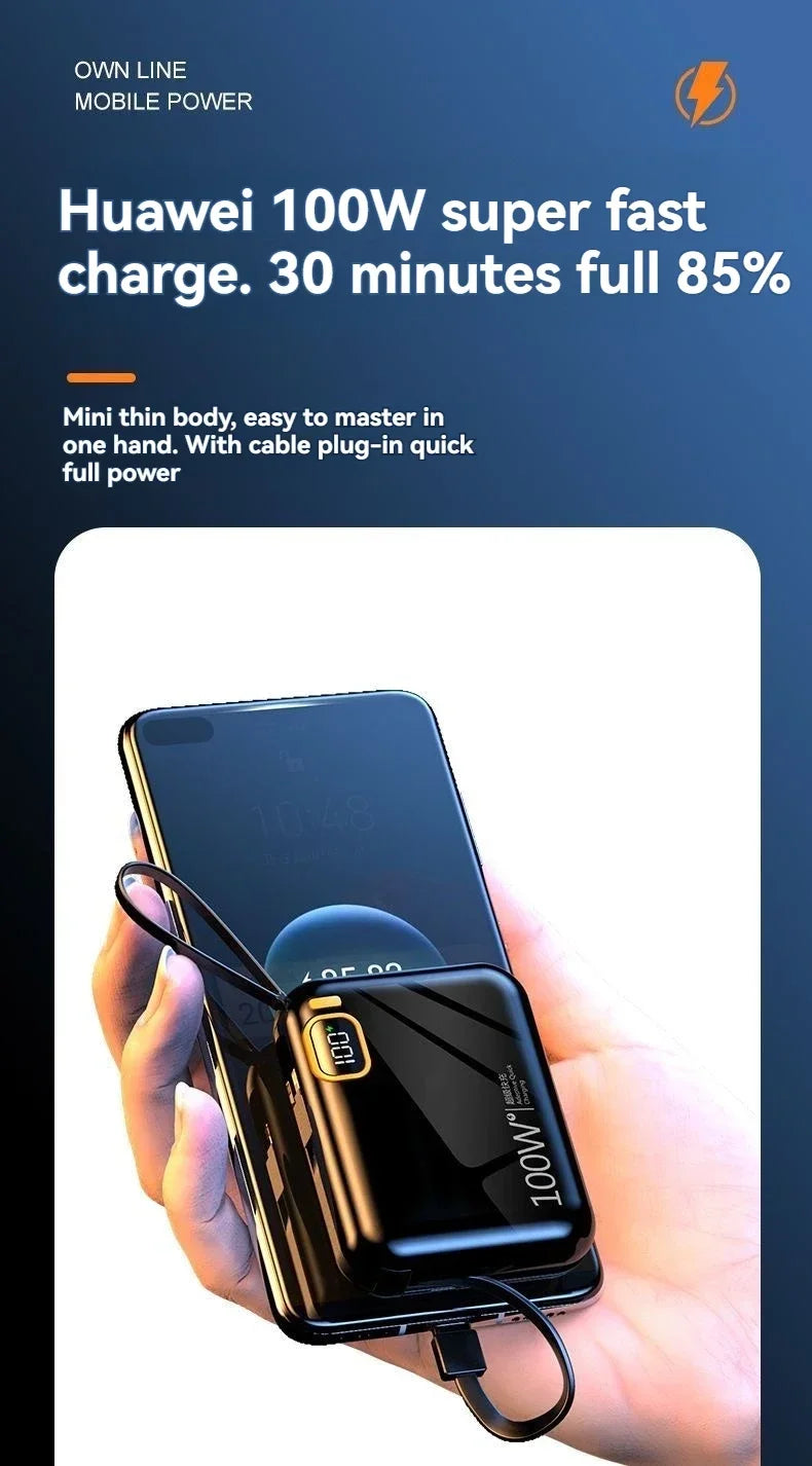 66W Portable Mini Power Bank 20000mAh – Built-in Cable, PD Fast Charging for iPhone & Android