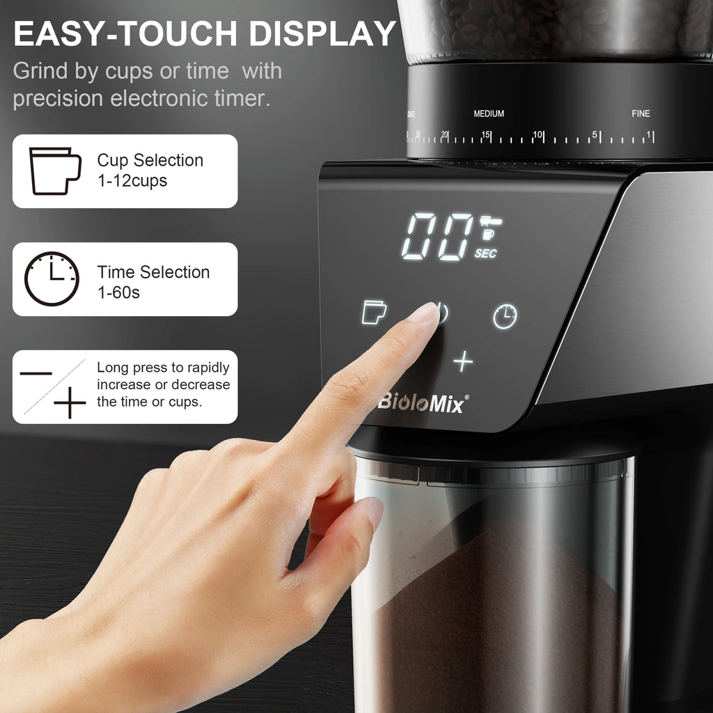 BioloMix Electric Coffee Grinder – 30 Grind Settings, Magnetic Ring, for Espresso, Drip & Pour Over