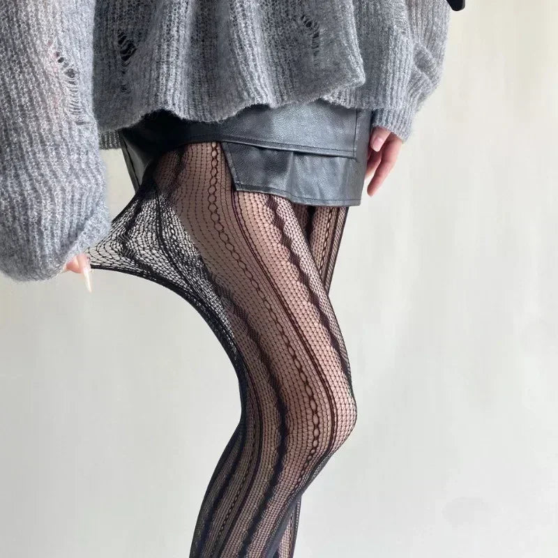 Gothic Fishnet Pantyhose – Ripped Lace Silk Stockings Y2K Punk Hollowed-Out Retro Tights