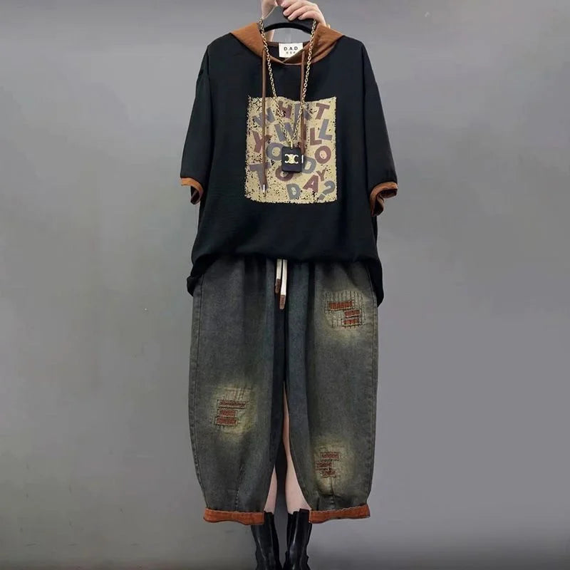 Women's Loose Plus Size Denim Jeans Two-Piece Set | Hooded Printed Casual Fashion Suit