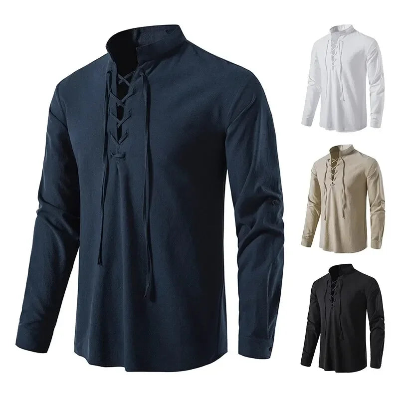 Men's Cotton Linen Drawstring Long Sleeve Shirt — Vintage Casual US Size Top