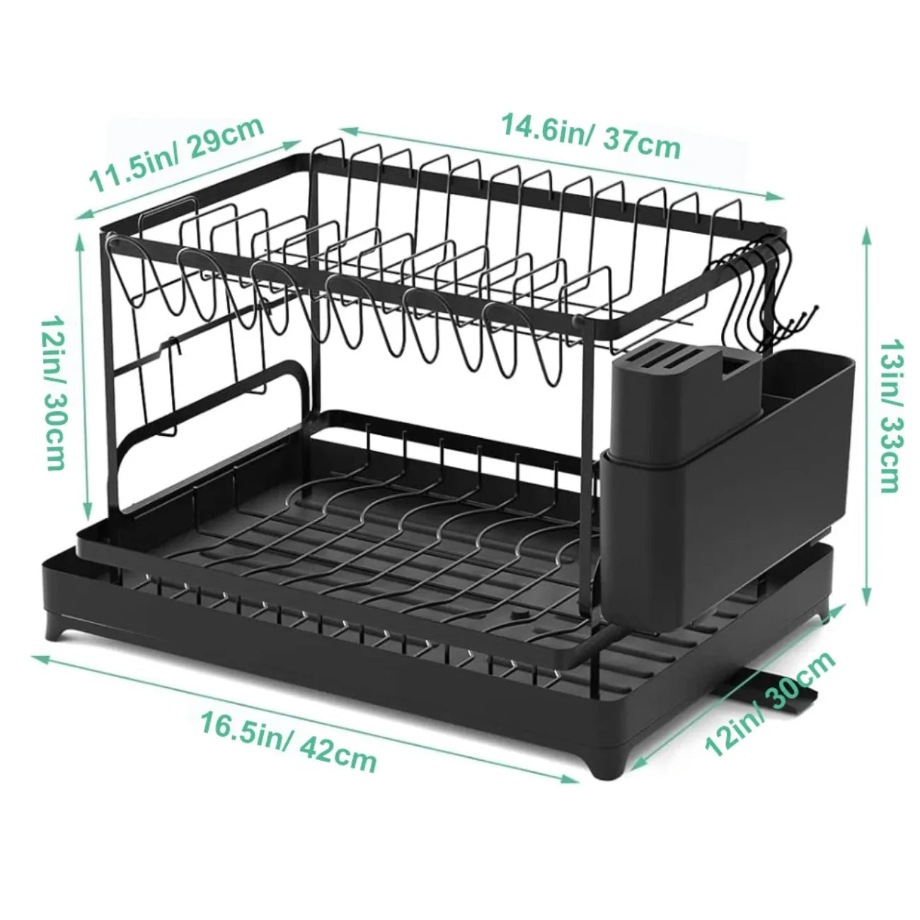 2-Tier 360° Rotating Dish Drying Rack — No-Drill Metal Kitchen Organizer with Utensil Holder & Drainboard