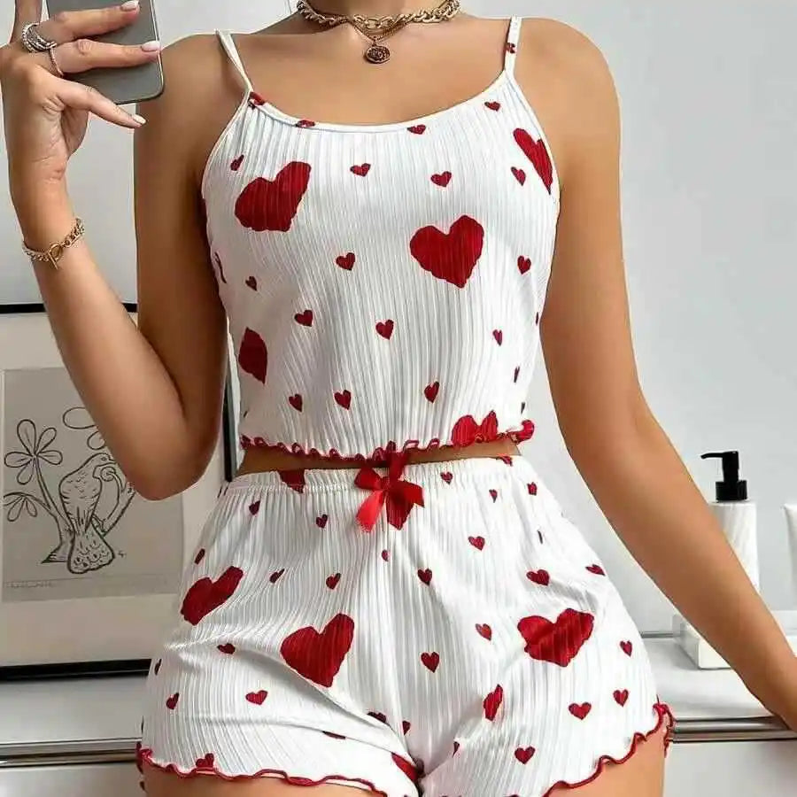 Women's Kawaii Y2K Lolita Heart Silk Pajama Set | Cami Top & Shorts Loungewear