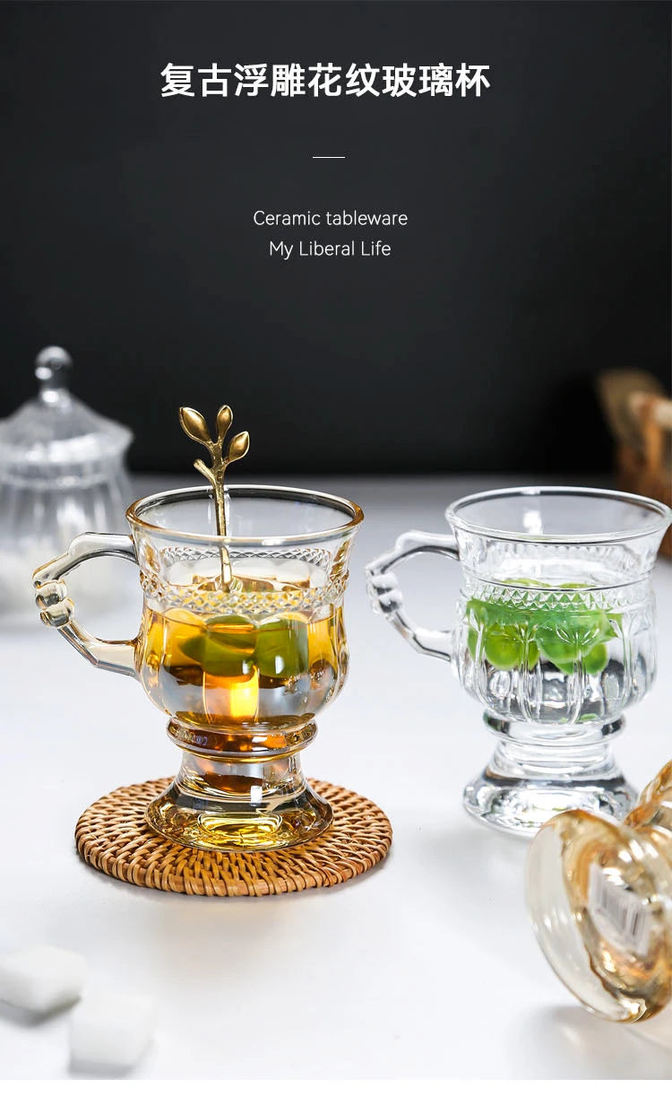 Vintage Embossed Glass Cup with Handle