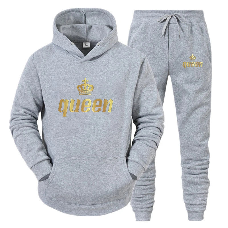 King & Queen Print Hoodie & Pants Set – Couple Autumn Winter Long Sleeve 2-Piece Suit