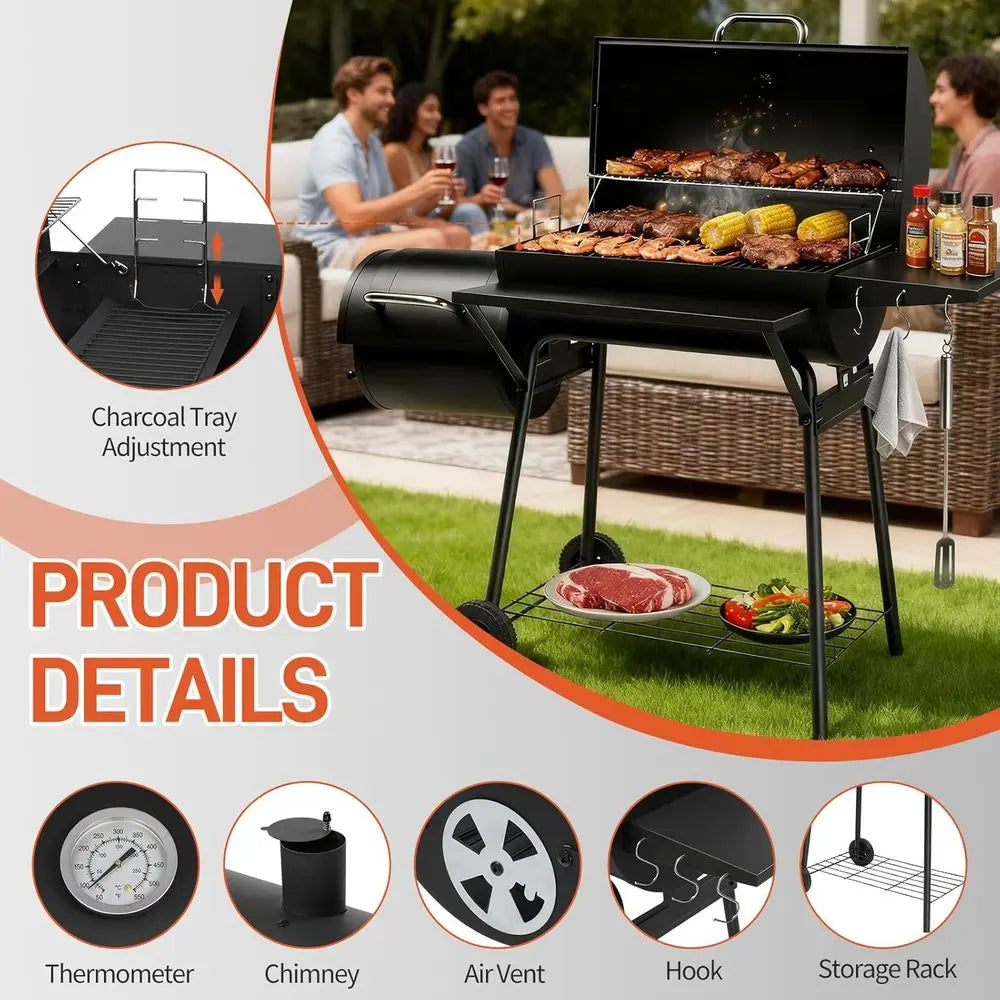 Large Outdoor Charcoal Smoker Grill Combo | 2-in-1 Grilling & Smoking, Built-in Ignition Mesh, Adjustable Vents, 52x44x20 In.