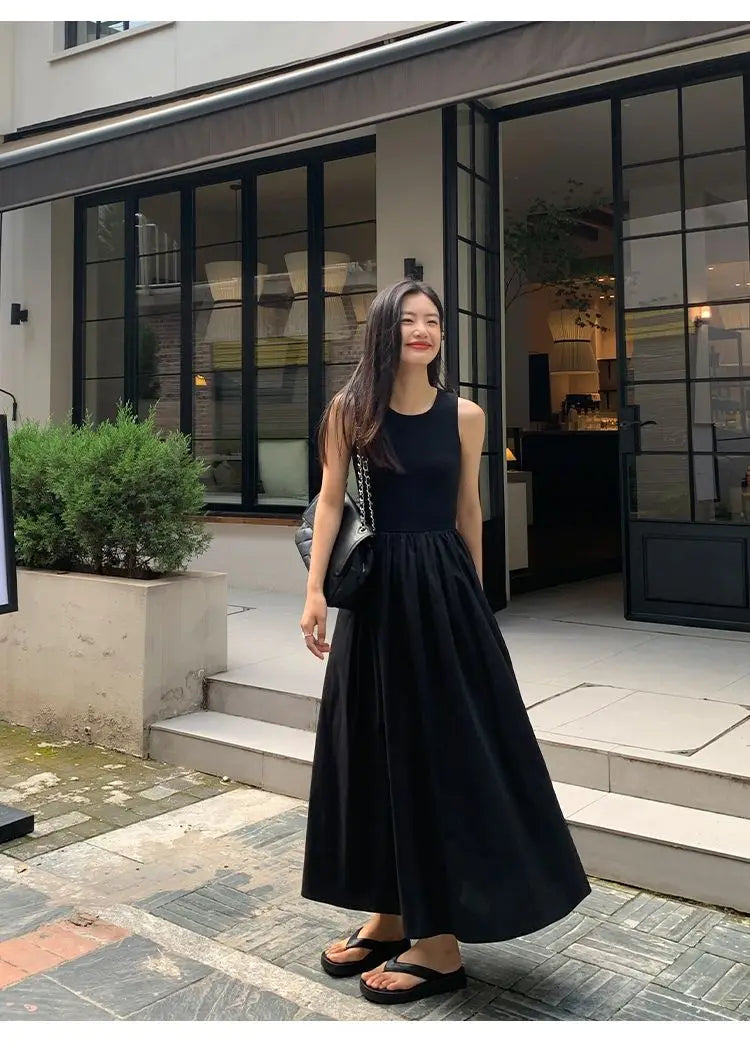 Women's Vintage Black Midi Dress – O-Neck Office Lady Casual Style with Pockets