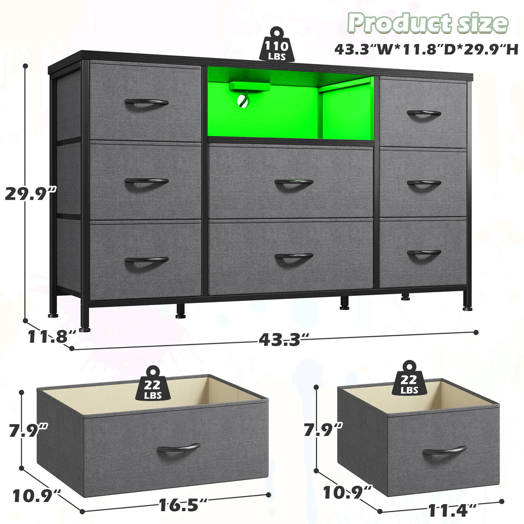 8-Drawer Media Dresser with LED Lighting & Built-In Charging Station — Fabric Storage Cabinet for 55" TVs