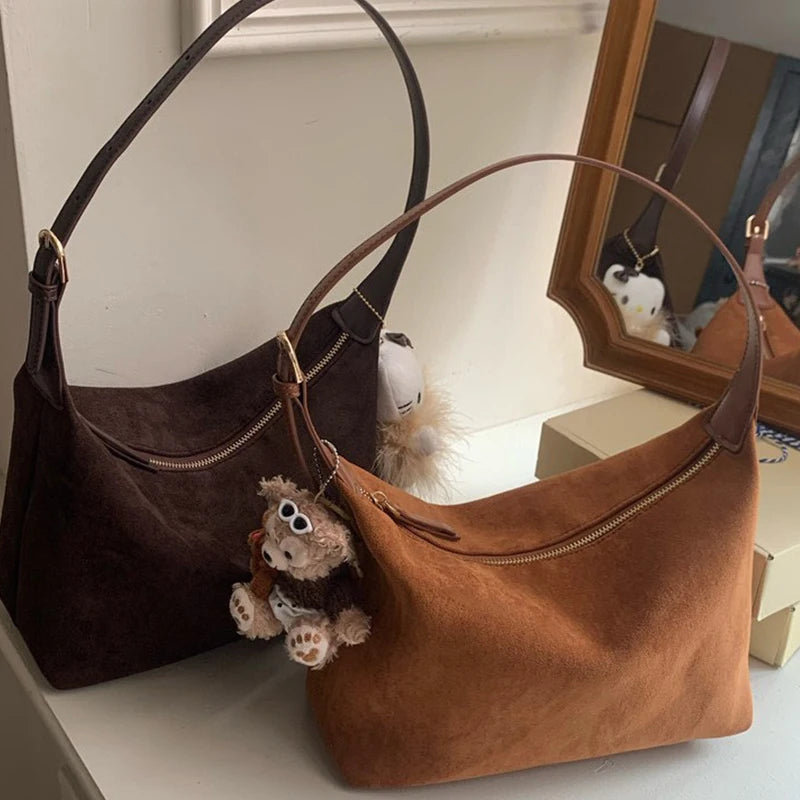 Vintage Faux Suede Hobo Bag – Soft Chamois Leather Shoulder Crossbody Bag for Women