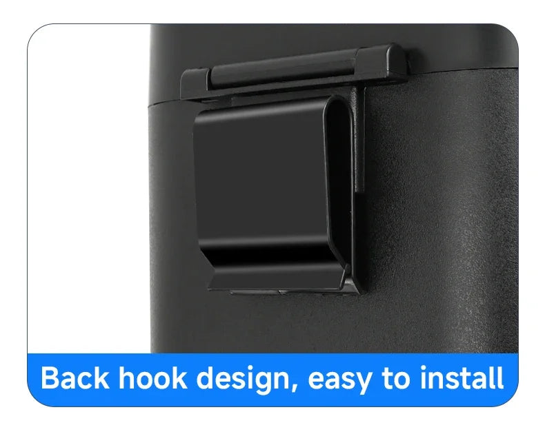 Black back hook design on a product with text 'Back hook design, easy to install' on a blue banner.