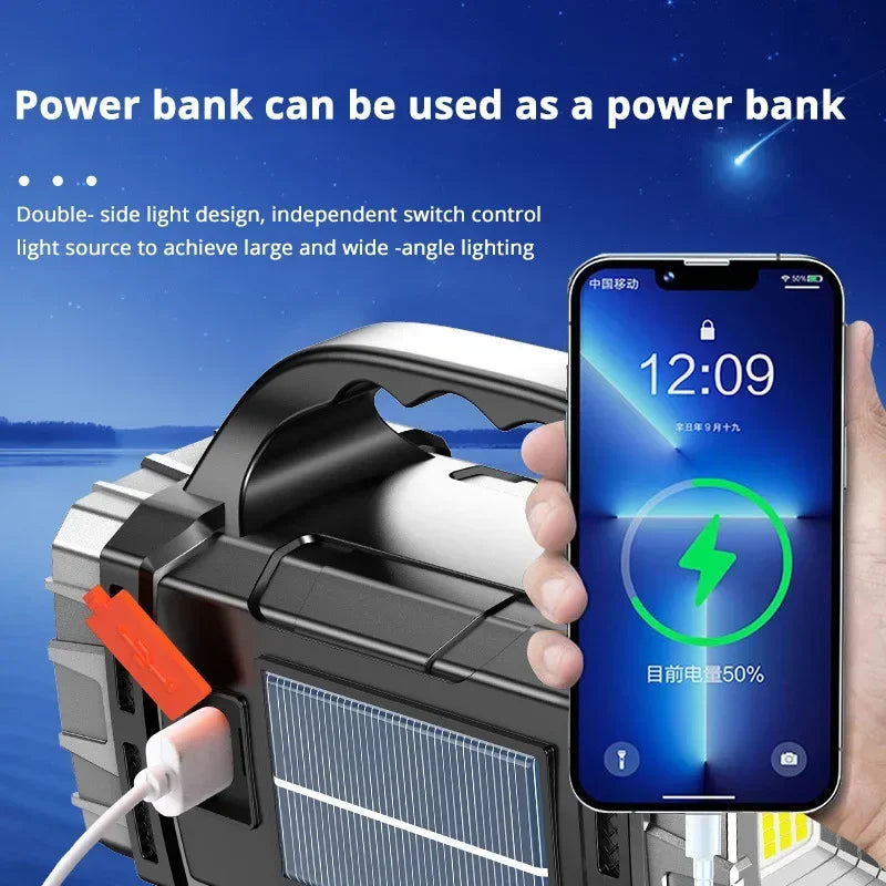 USB + Solar Rechargeable COB LED Flashlight – Powerful Outdoor Camping Torch & Portable Power Bank Searchlight