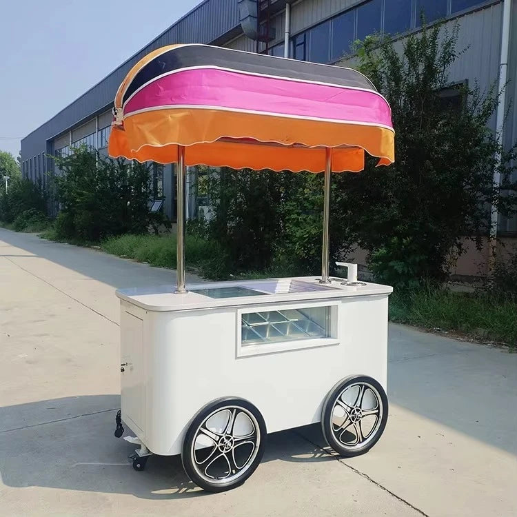 Customized Mobile Food Vending Cart with Canopy – Commercial Street Stall for Ice Cream & Snacks