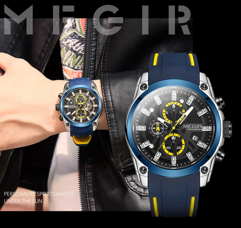 MEGIR Men's Military Sport Watch | Waterproof Luminous Blue Silicone Strap Luxury Wristwatch