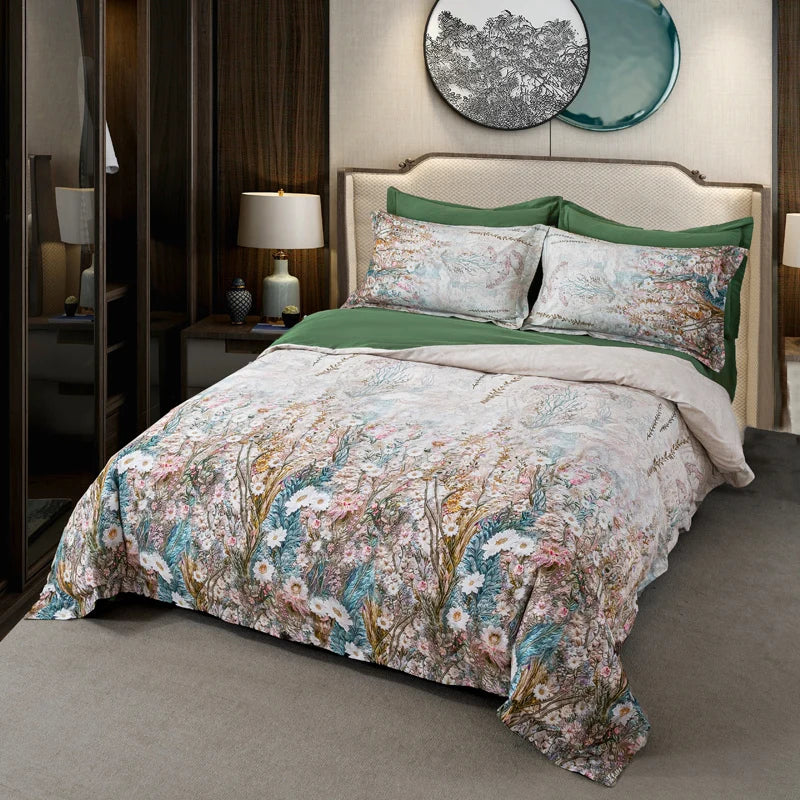 600TC Egyptian Cotton Bedding Set – Birds & Flowers Leaf Print, 16 Colors, Queen to US King