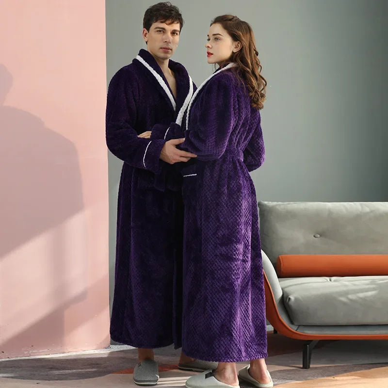 Thicken Flannel Couple Robe with Pockets | Long Winter Bathrobe Gown for Men & Women