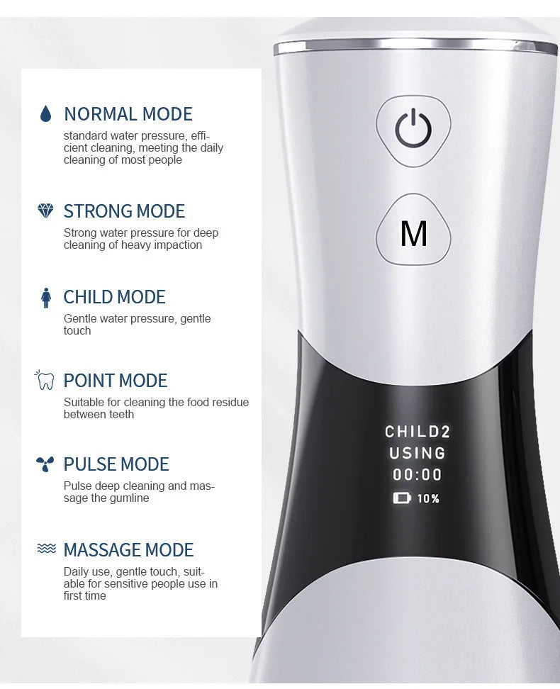 Portable Oral Irrigator – 350ml Tank, 5 Pressure Modes, IPX7, 1800mAh, 5 Nozzles, USB Rechargeable