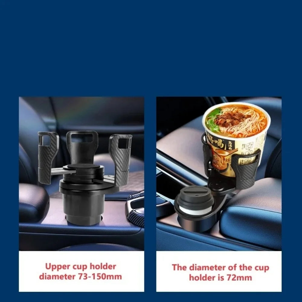 Car cup holder with a cup of noodles on a blue background